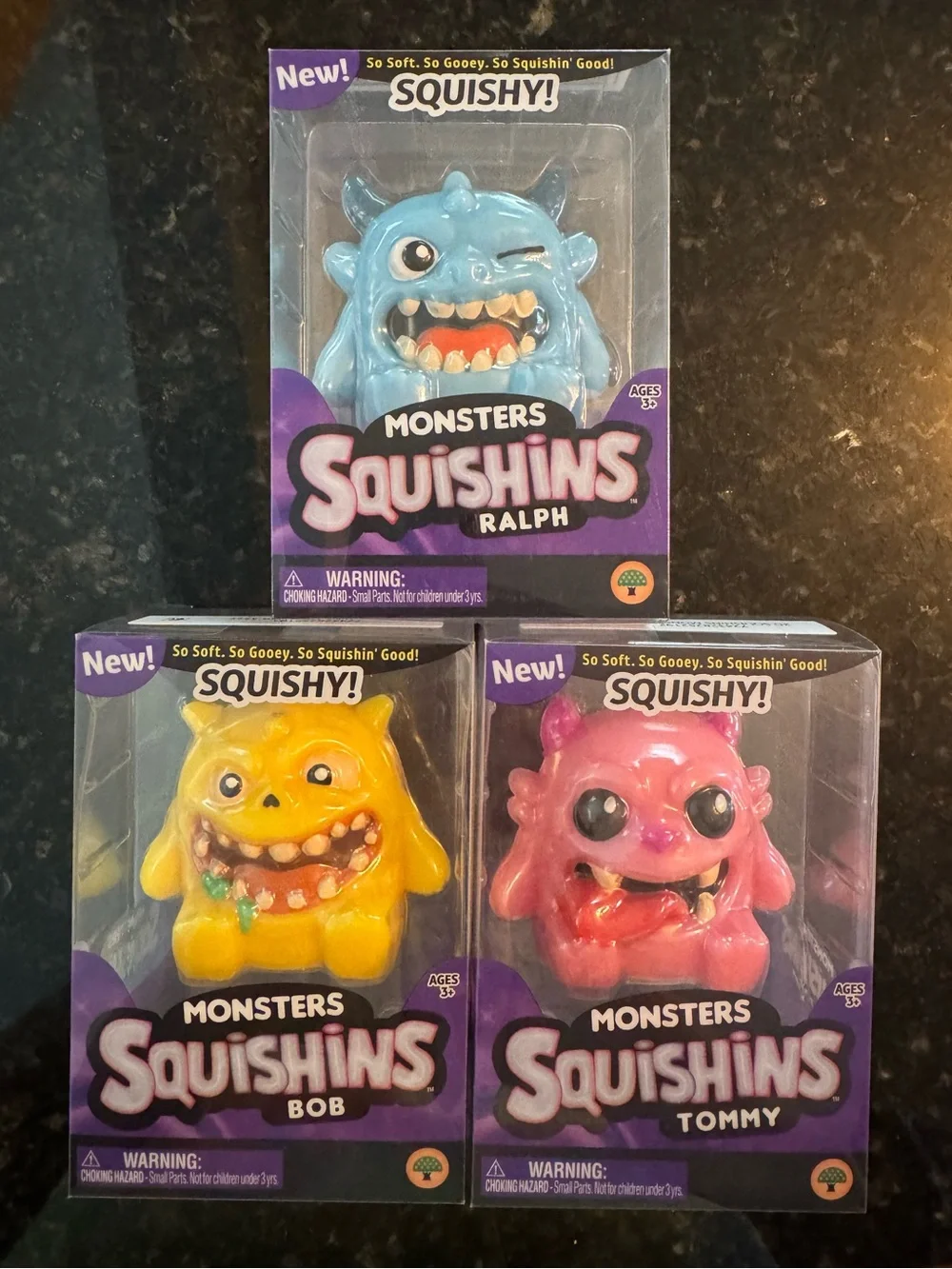 Monsters Squishins Ralph, Bob & Tommy Squishy Complete Set - Blue, Yellow, Pink